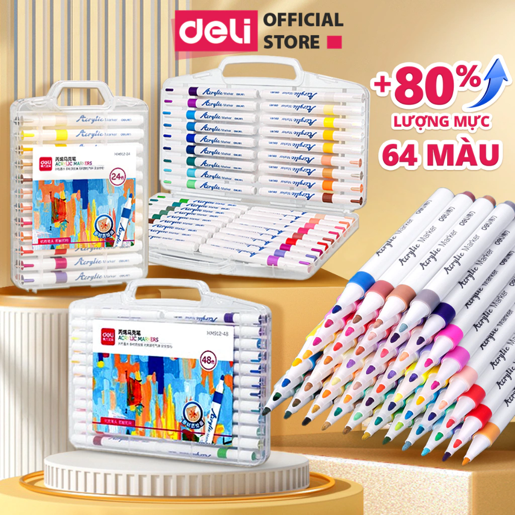 [Chính Hãng] Bút Sơn Màu Acrylic Marker Deli THÊM 80% MỰC - 12/24/36/48/64 Màu Tô Trên Mọi Chất Liệu