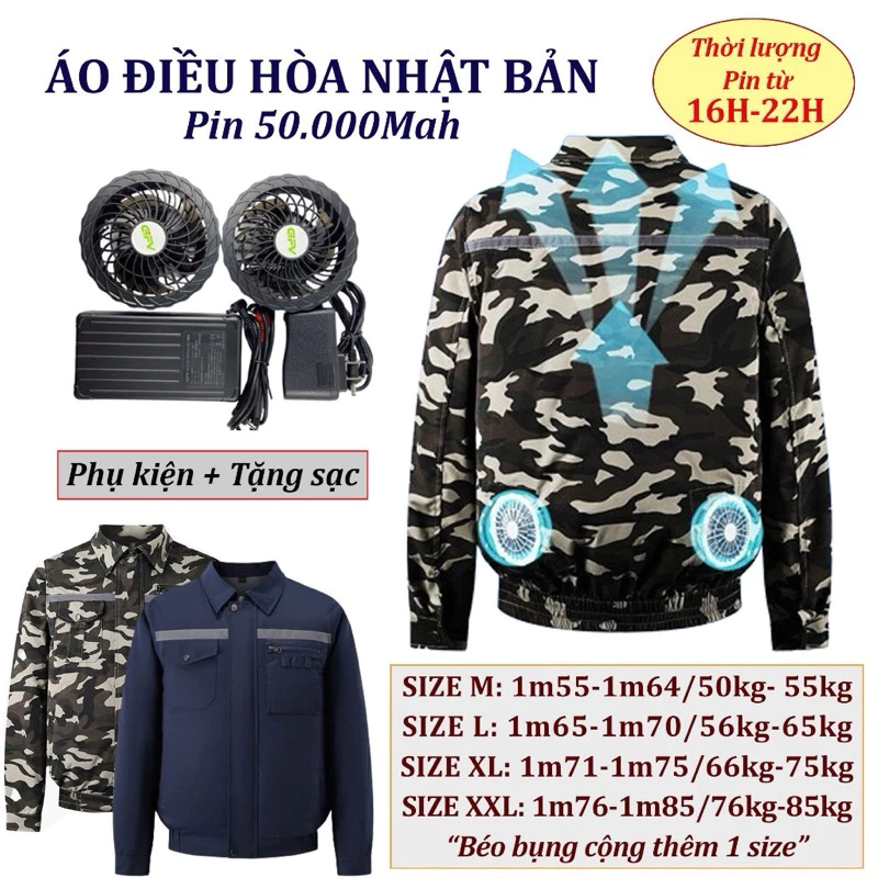 Áo điều hòa nhật bản chính hãng pin 50000mAh quạt 12V thời lượng sử dụng pin dài, tuổi thọ cao