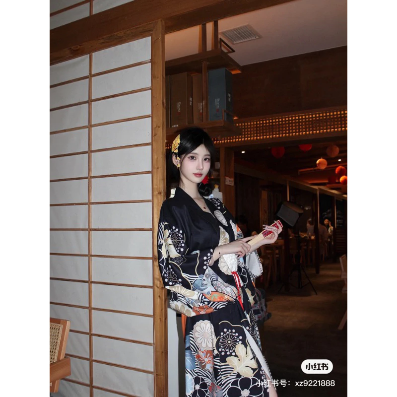 Kimono nhật bản cao cấp đen cam mẫu mới ( sẵn )