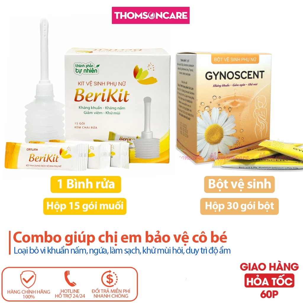 Combo Bình rửa âm đạo Berikit kèm 15 gói muối và Bột pha vệ sinh phụ nữ Gynoscent, giúp làm sạch, giảm ngứa, cân bằng pH