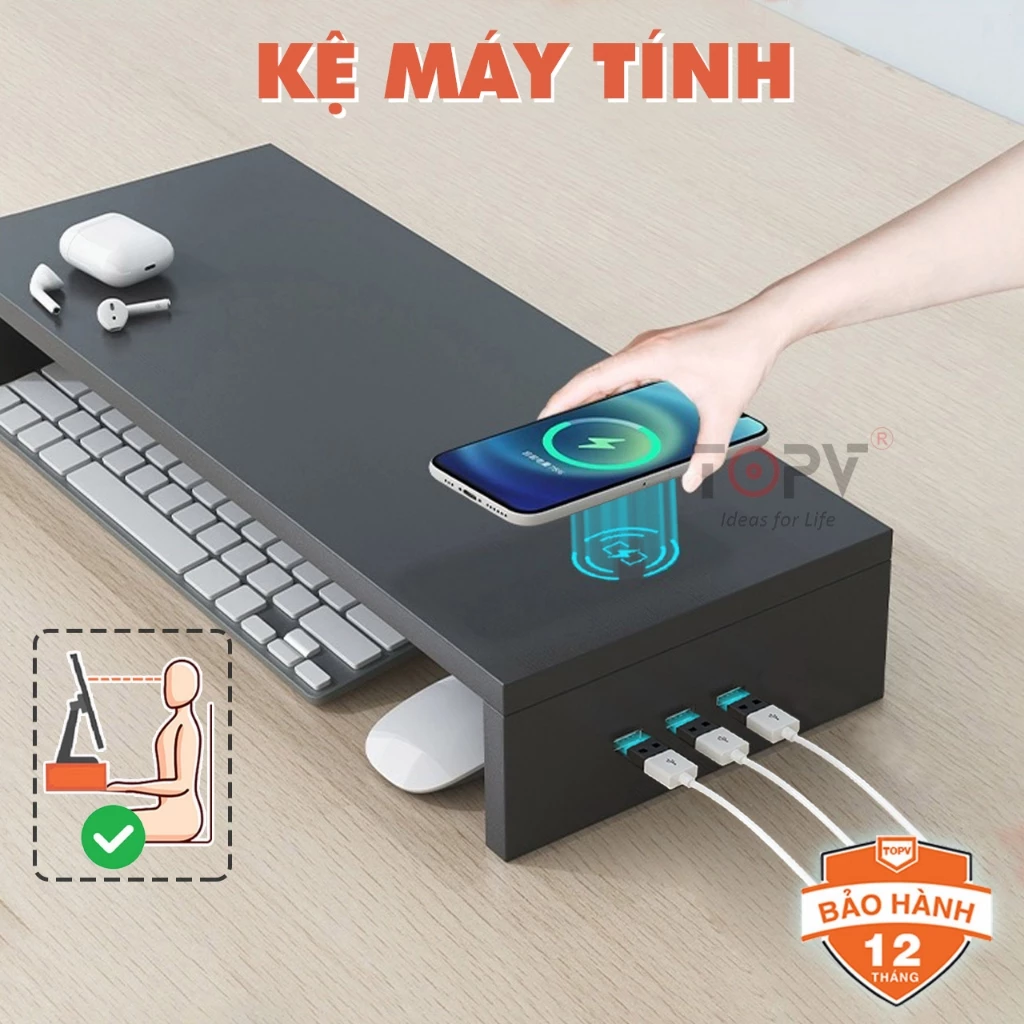 Kệ máy tính gỗ TOPV để bàn giá đỡ laptop nâng pc 1 2 tầng trắng kệ màn hình decor bàn học kê vi tính TOPV Home