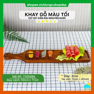 Khay Gỗ Decor Màu Tối Dài 50x10cm Có Tay Cầm Nguyên Khối Cao Cấp Phục Vụ Nhà Hàng Món Ăn Steak Pizza Sushi Lẩu Nướng