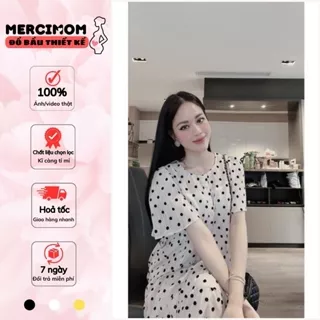 Váy bầu đẹp MERCIMOM, đầm bầu dáng babydoll họa tiết chấm bi cổ tròn chất liệu tơ 2 lớp mềm mại thoáng mát