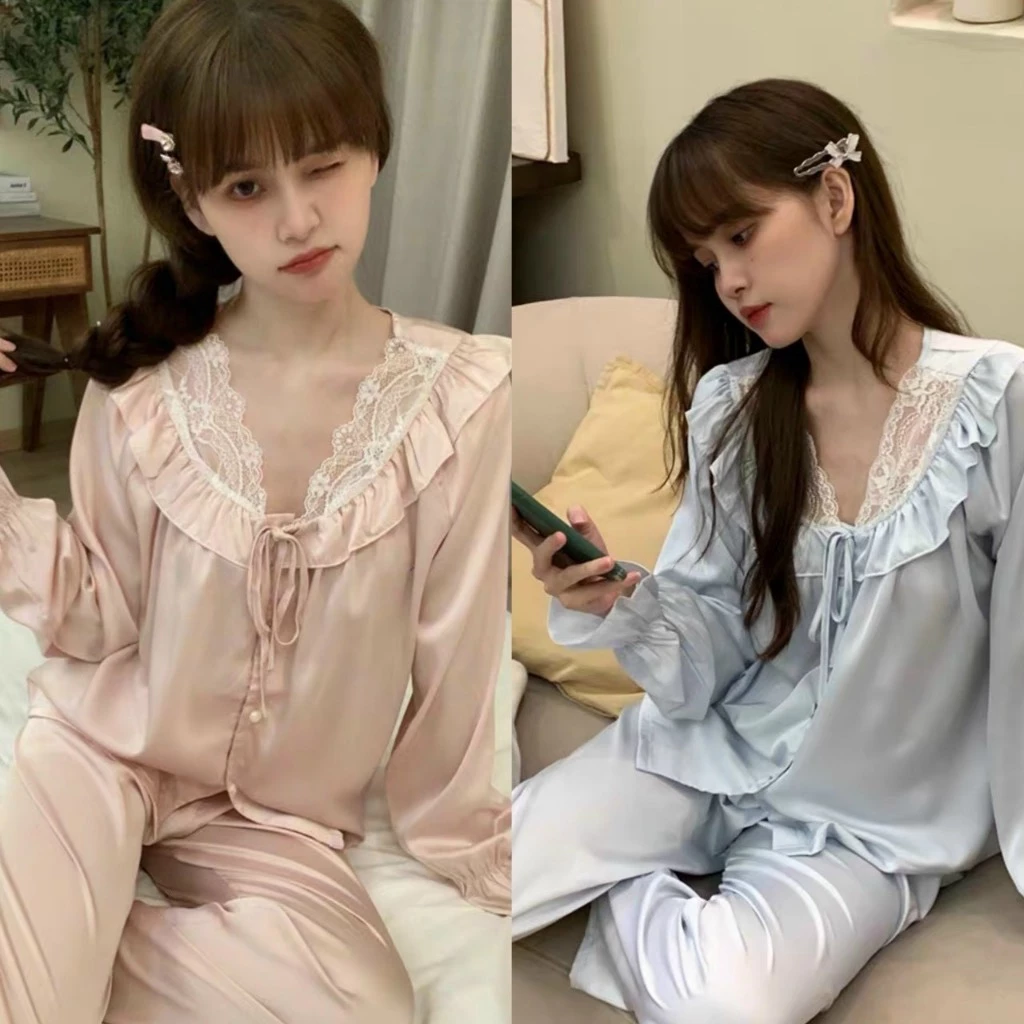 Set pyjama phối ren buộc nơ