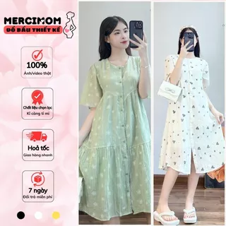 Váy bầu mùa hè MERCIMOM, đầm bầu dáng babydoll tay ngắn, thiết kế 2 lớp có nút cài chất lụa tơ cao cấp