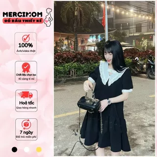 Váy bầu, đầm bầu babydoll MERCIMOM thiết kế cổ bèo xinh xắn, tay ngắn thời trang, phong cách tiểu thư