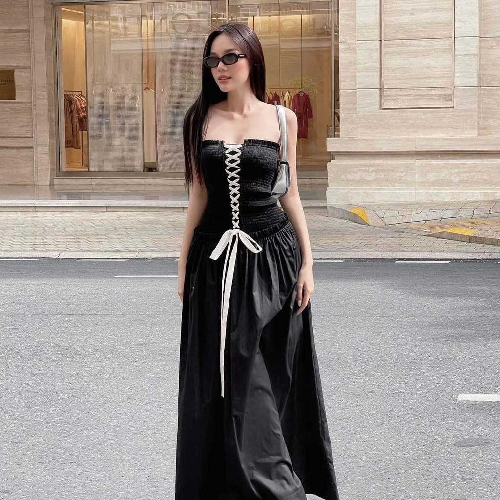 Đầm maxi cúp ngực đan dây, đầm váy ống nhún thun dáng xoè dây nơ cách điệu phù hợp cho nàng đi biển đi du lịch xinh xắn
