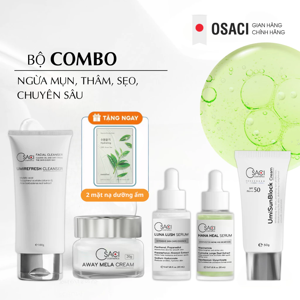 Combo dưỡng giảm mụn thâm sẹo rỗ, giảm nhăn chống lão hóa, dưỡng trắng căng bóng da chuyên sâu Osaci