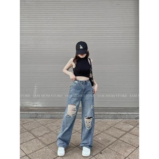 Quần jeans bigsize nữ dài ống suông rộng màu xanh bụi wash rách cá tính, chất jeans mềm không giãn