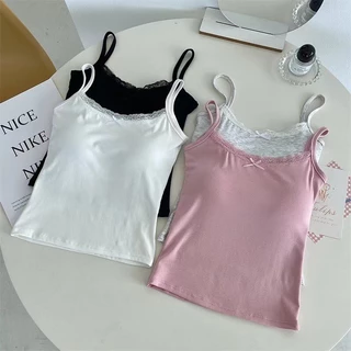 Áo 2 Dây Cotton CÓ KÈM ĐỆM MÚT, Áo Len Chất Thun Mền Co Giãn Cổ Tròn Phối Ren Nơ Nhỏ Dáng Croptop Ôm Body QCC Matmatshop