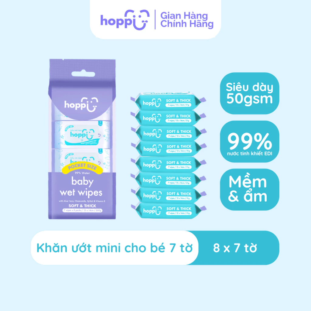 Khăn ướt cho bé Hoppi combo 8 gói mini trong 1 túi không cồn không mùi