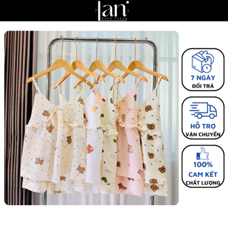 Bộ Đồ Ngủ Nữ Hai Dây Bánh Bèo, Quần Ngắn Mặc Nhà, Xô Muslin Họa Tiết Dễ Thương, Freesize<=60kg