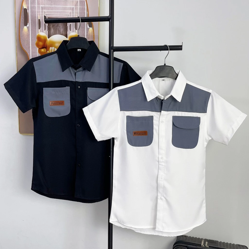 Áo sơ mi tay ngắn nam nữ cổ bẻ túi hộp họa tiết phối màu thêu logo,vải lụa mango mịn MENSWEAR