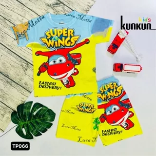 Quần áo trẻ em in 3D máy bay super wings chất thun lạnh thoáng mát Kunkun TP066 - Bộ cộc tay bé trai size đại từ 10-60kg
