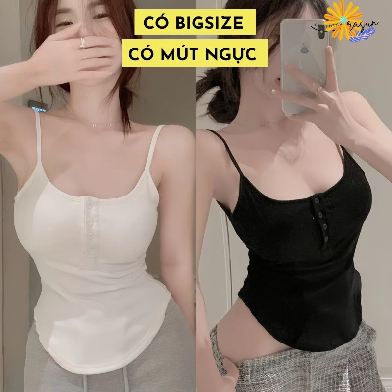 Áo Tank Top Có Mút Ngực Hở Cổ Đáy Cong Quyến Rũ Thời Trang Mùa Hè , ￼Áo Hai Dây Nữ 3 Cúc Vạt Bầu RASUN