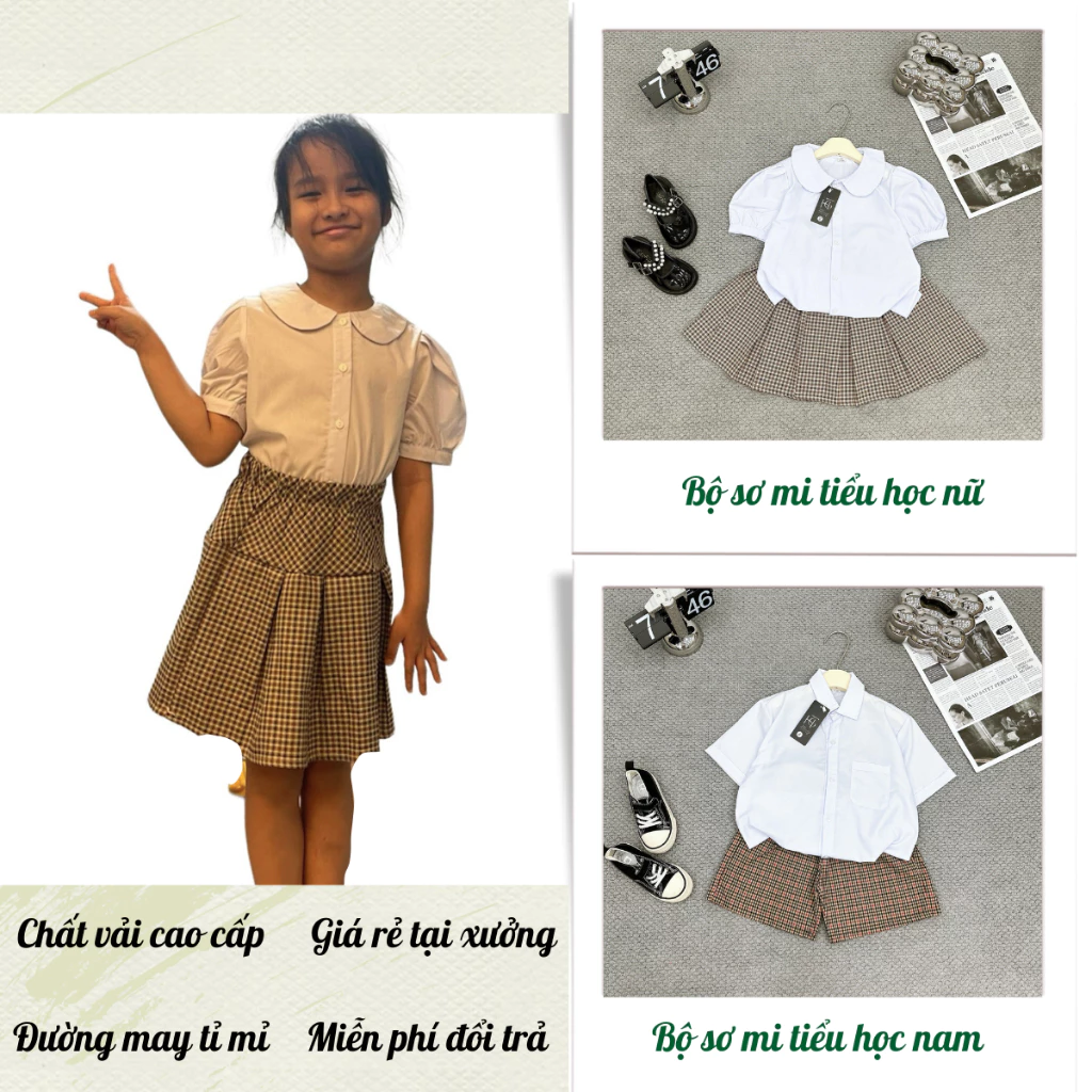 Sét Quần Váy Áo Sơ Mi Đồng Phục Học Sinh Tiểu Học Bé Trai, Bé Gái Chất Liệu Cao Cấp Chuẩn Form Dáng Giá Tại Xưởng