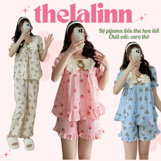 [ẢNH THẬT] Set pijama tiểu thư kẻ caro in hoạ tiết phối ren xếp ly nhiều màu dễ thương. Bộ ngủ nữ caro cute