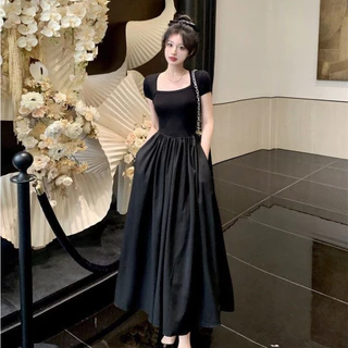 Váy đầm đen cổ vuông cộc tay dáng dài xòe chiết eo hack dáng mùa hè Hàn Quốc hàng QC Tabao SP106