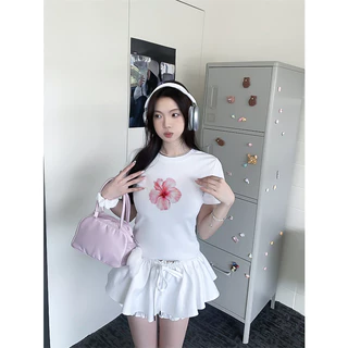 Áo Thun Form Fit mẫu hoa hibiscus trend 2024 Baby Tee Chất Cotton 2 chiều Co Giãn thấm hút mồ hôi.