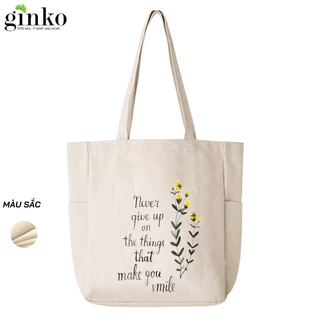 Túi Tote Canvas GINKO Unisex Có Dây Kéo Khóa ( túi con) Phong Cách Hàn Quốc In Hình Never Give Up