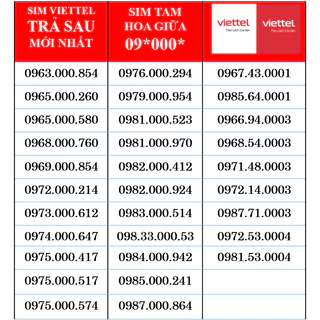 Sim Viettel Trả Sau 09 Số Đẹp ,sim tam hoa giữa 000 giá rẻ