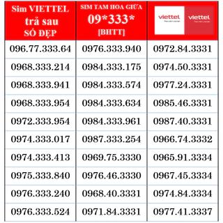 Sim Trả Sau Viettel 09, sim tam hoa giữa 333 số đẹp chính chủ