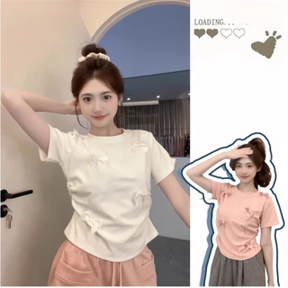 Áo croptop đính nơ 3 màu Hồng-Đen-Trắng _ Áo thun croptop ngắn tay dành cho nữ ôm body QUANAOPHUKIEN