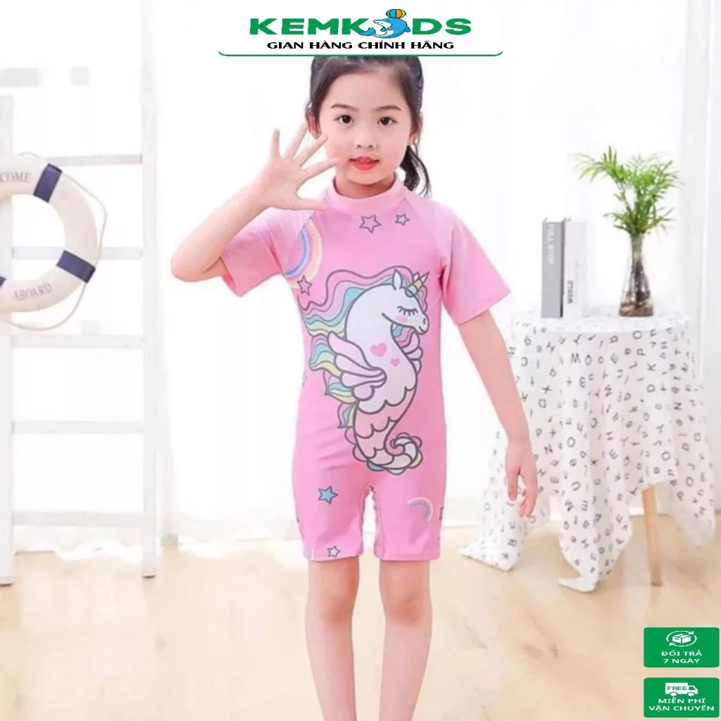 Bikini bé gái Kem Kids Họa tiết Ngựa Hồng ngắn cho bé đi biển. bộ bơi liền thân bé gái 10-35kg