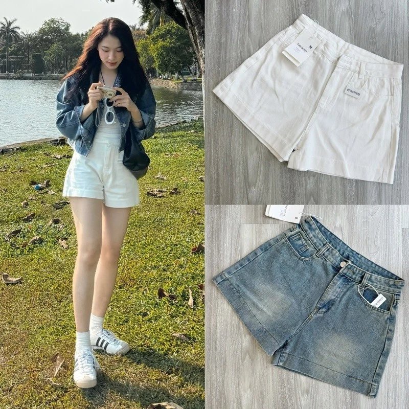 Quần short jeans mềm nữ to gấu lưng cao basic 247store