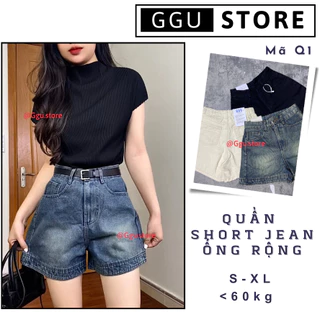 Quần short Jean nữ Q1 - Quần đùi nữ ngắn chất vải Jean mềm ống rộng lưng cao dáng basic size <60kg