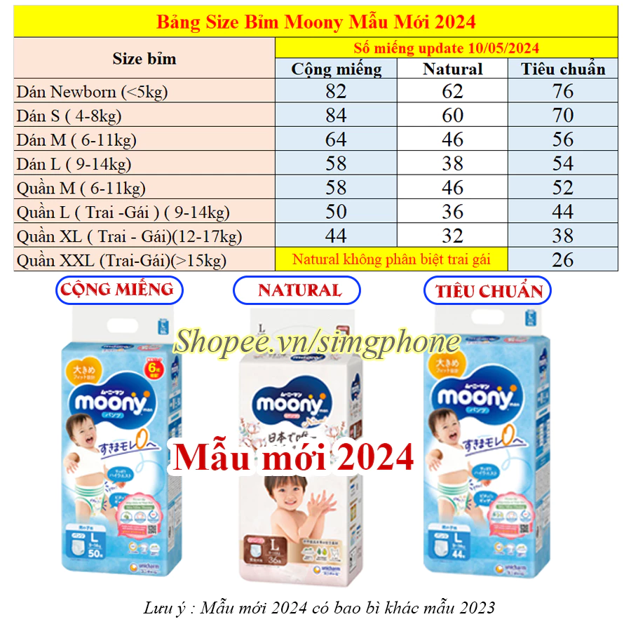 Bỉm /Tã dán quần Moony Cộng miếng/ Natural / Tiêu chuẩn /Hè Nhật đủ size Nb96/S84/M58/ L54/ L44/ Xl44