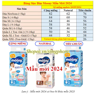 Bỉm /Tã dán quần Moony Cộng miếng/ Natural / Tiêu chuẩn /Hè Nhật đủ size Nb96/S84/M58/ L54/ L44/ Xl44