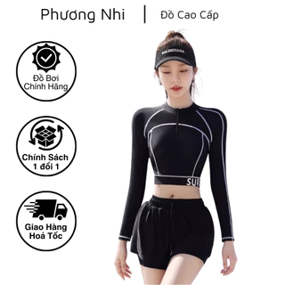 Đồ Bơi 2 Mảnh Quần Đùi + Áo Dài Tay Croptop