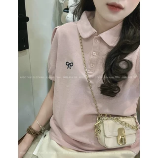 Áo thun nữ tay ngắn cổ bẻ sen cài khuy thêu hình nơ hàng Quảng Châu A.Studio, áo phông mùa hè form vừa chất cotton 3717