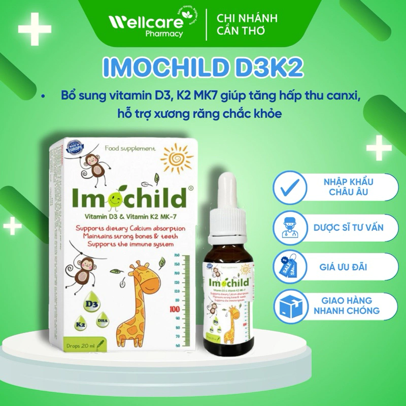 Imochild D3K2 – Lọ 20ml bổ sung vitamin D3, K2 và DHA phát triển hệ xương răng và não bộ cho trẻ em