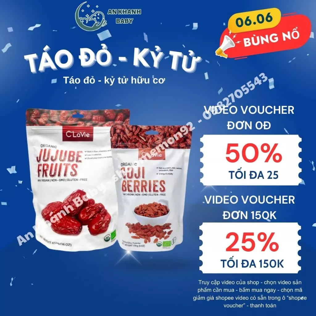 Kỷ tử-Táo đỏ hữu cơ C'Lavie mới (mẫu cũ AmaVie Foods) date T4/2025