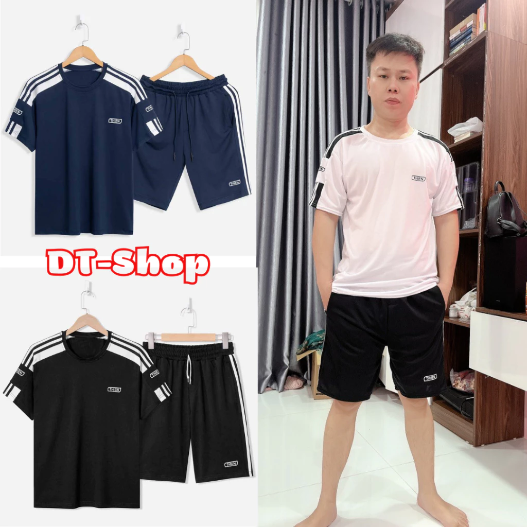 Bộ Đồ Nam LOGO THIEN Mùa Hè Áo Thun Tay Ngắn Quần Short Kẻ Sọc Thời Trang Phối Túi Hai Bên Có Dây Rút 3 Size L, XL