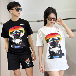 Bộ Hè Nam Nữ  DSQ 2 Màu Đen Trắng Chất Liệu Áo Cotton 2 Chiều, Quần Nỉ Da Cá Dày Dăn Bo Cổ Tròn Thời Trang Mùa Hè