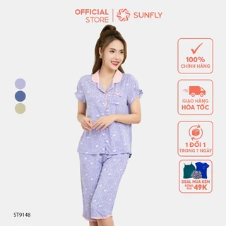 Bộ pijamas nữ SUNFLY chất lanh hoạ tiết độc quyền áo cộc quần ngố ST9148