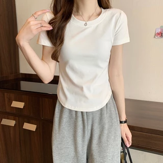 Áo thun cộc tay nữ croptop cổ tròn, màu trơn đơn giản, Tiny Clothes