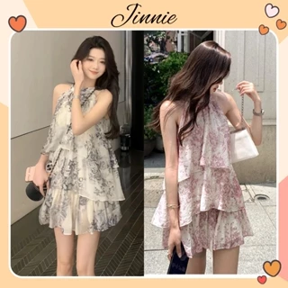 Set áo tơ hoa bèo tầng cổ yếm mix chân váy siêu xinh phong cách tiểu thư Jinnie Store