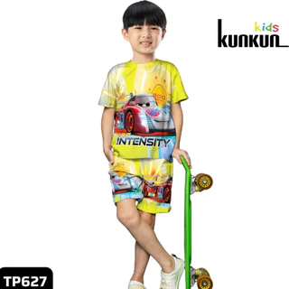 Quần áo bé trai Kunkun Kid TP627 thun lạnh in 3D hình xe đua light intensity - Đồ bộ trẻ em size đại từ 10-40kg