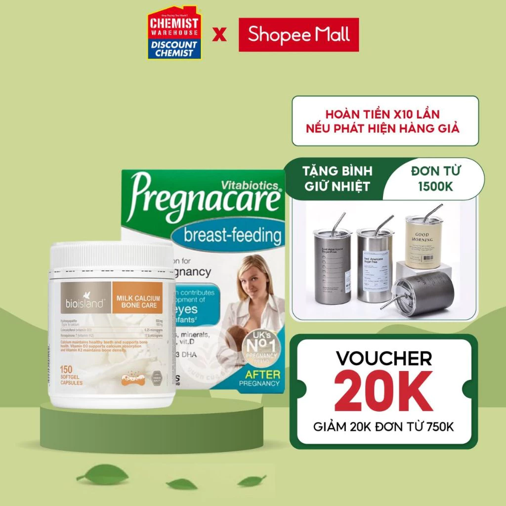 Combo lợi sữa cho mẹ sau sinh Pregnacare Breastfeeding , Canxi Bioisland bổ sung canxi , DHA và các vitamin cho mẹ