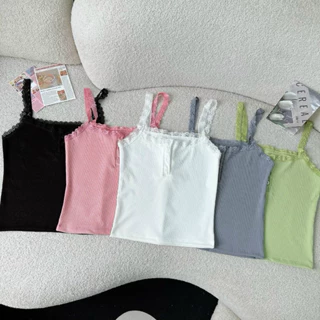 Áo 2 dây croptop nữ viền ren phối KHUY nữ tính -SHOP BÔNG