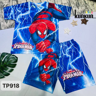 Quần áo trẻ em in 3D thun lạnh hình người nhện Spiderman xanh Kunkun Kid TP918 BL919 - Bộ bé trai size đại từ 10-60kg