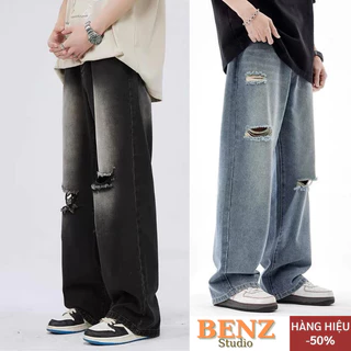 Quần jean nam RETRO Rách Gối ống suông rộng BENZ,quần jeans Grind Wash ống rộng phong cách Vitager Ulzzang Hàn Quốc 2023