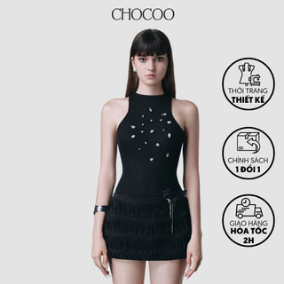 Bodysuit đen thiết kế Chocoo Lacey Crystal bodysuit chất liệu len lót thun mịn co giãn, chi tiết đính đá ngực nổi bật