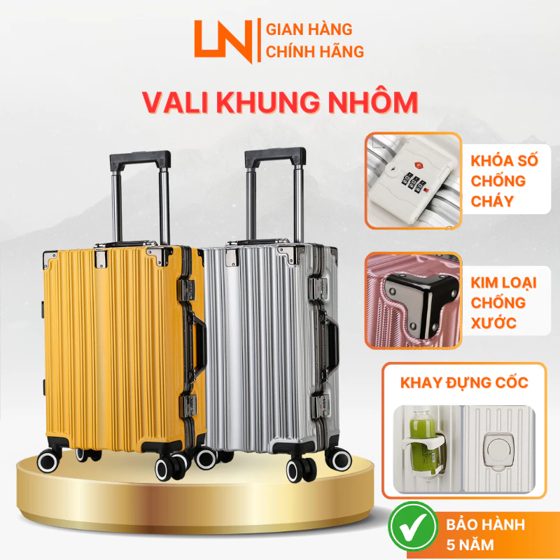 Vali du lịch khung nhôm khóa sập cao cấp 20/24/29 inch nhựa PC+ABS có khay để nước, chịu lực tốt, 4 bán