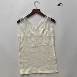 M - Áo ba lỗ nữ xuất dư màu trắng phối ren cổ áo, áo ba lỗ thun cotton tăm mỏng mát mặc hè