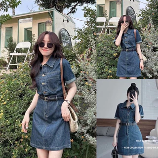 Bigsize Đầm jeans nữ dáng ngắn phối túi có kèm đai nịt 55-95kg